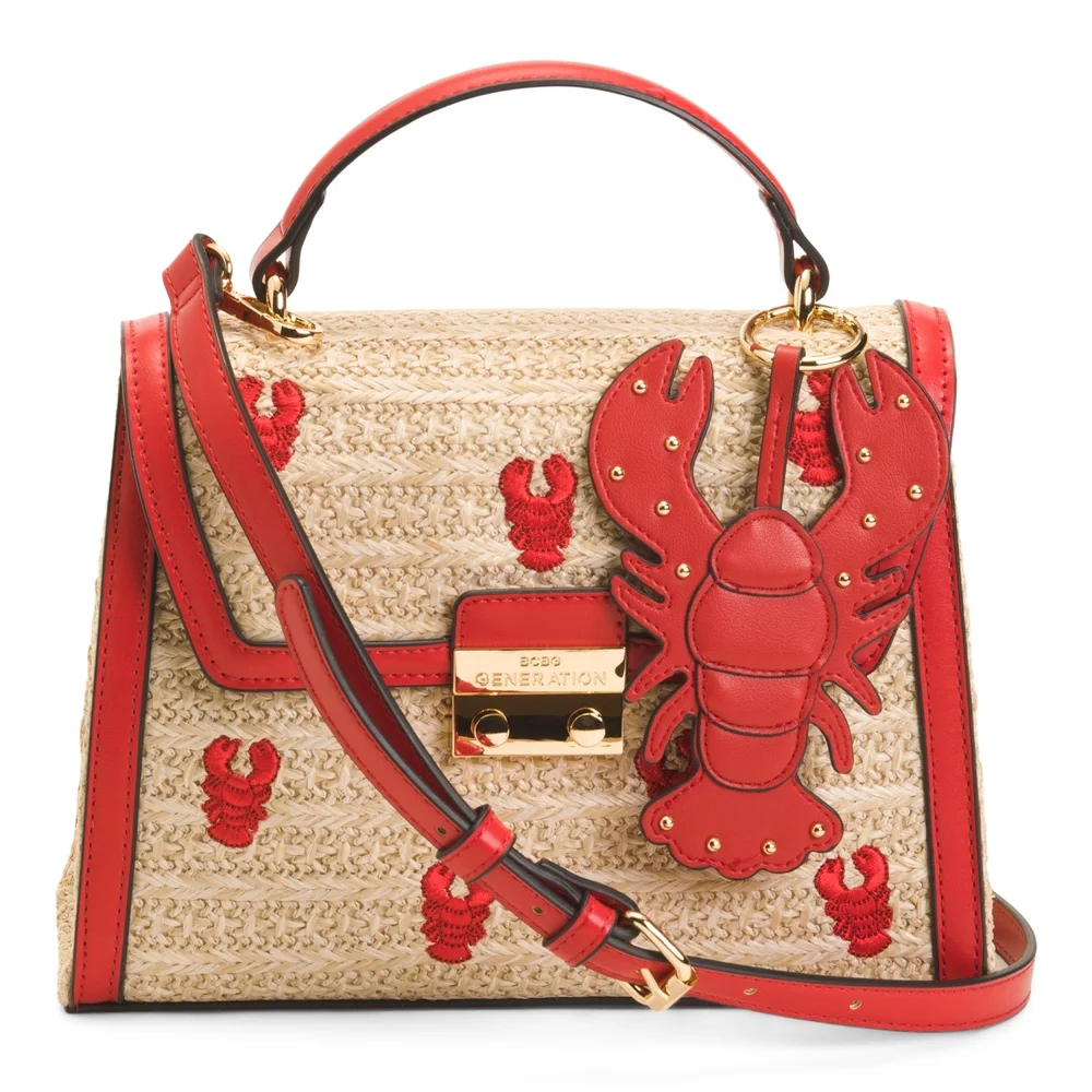 BCBGeneration Red & Natural Straw Satchel with Lobster Appliqué - Picture 1 of 3
